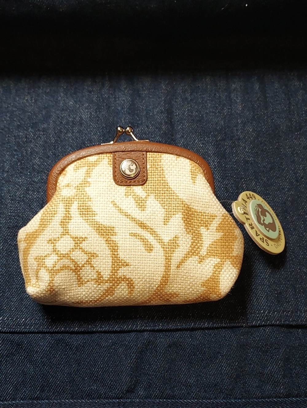 Spartina 449 Tan Beige Coin Purse Kisslock Woven Fabric